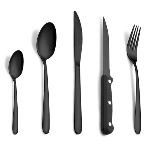 Pleafind 30 Stück Premium Schwarz Besteck-Set, 6 Personen, Lebensmittelqualität Edelstahl, Besteck-Set enthält Löffel, Messer, Gabel, Steak-Messer, spülmaschinenfest von Pleafind