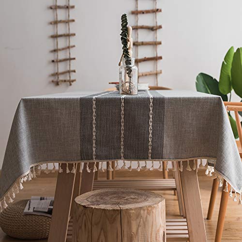 Plenmor Baumwoll-Leinen Tischdecke für Quadrat Tische solide Gitter-Stickerei Tischbedeckung für Küche Esstisch Dekoration(Grau, 140 x 140 cm) von Plenmor