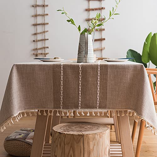Plenmor Baumwoll-Leinen Tischdecke für Quadrat Tische solide Gitter-Stickerei Tischbedeckung für Küche Esstisch Dekoration(Khaki, 140 x 140 cm) von Plenmor
