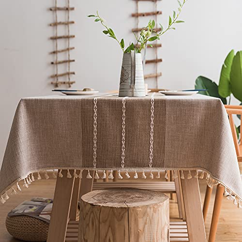 Plenmor Baumwoll-Leinen Tischdecke für rechteckige Tische solide Gitter-Stickerei Tischbedeckung für Küche Esstisch Dekoration(Khaki, 140 x 220 cm) von Plenmor