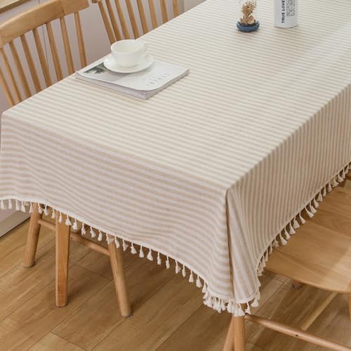 Plenmor Leinen Tischdecke Baumwolle, Leinenoptik Tischdecke Abwaschbar Table Cloth Boho Tischdecke Rechteckig für Küchentisch und Outdoor Tischtuch (Beige, 140 x 220 cm) von Plenmor