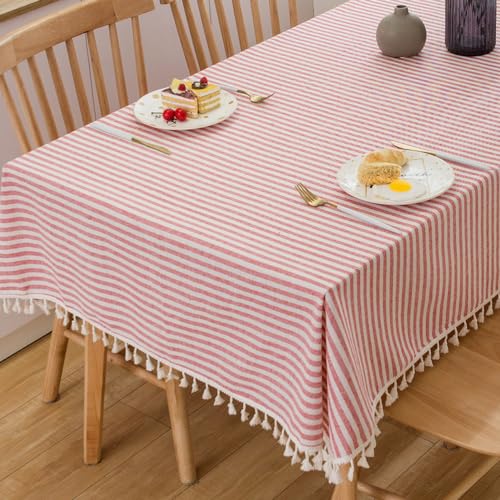 Plenmor Leinen Tischdecke Baumwolle, Leinenoptik Tischdecke Abwaschbar Table Cloth Boho Tischdecke Rechteckig für Küchentisch und Outdoor Tischtuch (Rot, 140 x 250 cm) von Plenmor