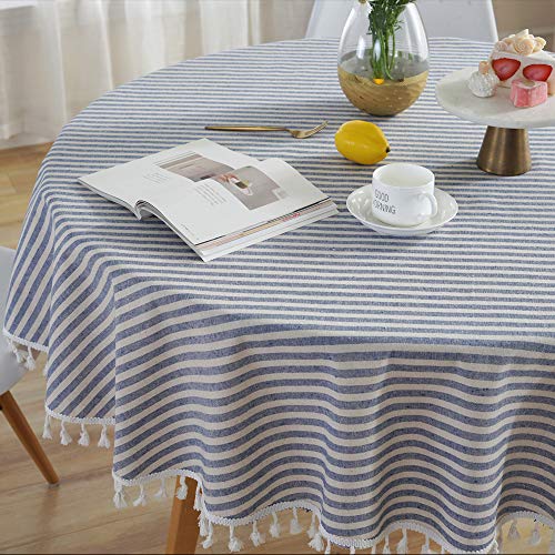 Plenmor Tischdecke Rund Leinen, Leinenoptik Tischdecke Rund Abwaschbar Table Cloth Boho Tischdecke Rund für Küchentisch und Outdoor Tischtuch (Blau, Rund, 150 cm) von Plenmor