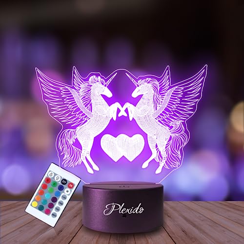 PLEXIDO Nachtlicht Magie Einhorn Unicorn Illusion Lampe 3D Nachttischlampe Geschenk für Kinder Personalisiert Graveur Weltraum Kinderzimmer LED Licht Fernbedienung 16 Farbwechsel Wohnzimmer Dekoration von Plexido