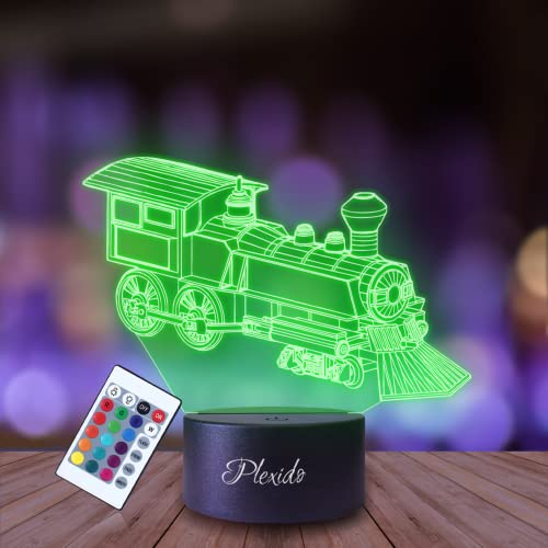 PLEXIDO Nachtlicht Zug Lokomotive U-Bahn Straßenbahn Illusion Lampe 3D Nachttischlampe Geschenk für Kinder Personalisiert Graveur Weltrau Kinderzimmer LED Licht Fernbedienung 16 Farbwechsel Wohnzimmer von Plexido