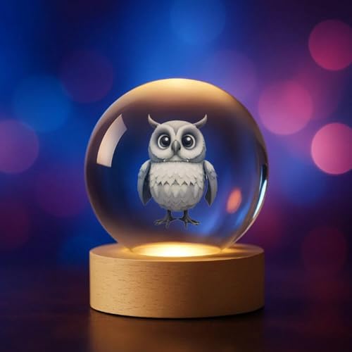 Plexido 3D Kristallkugel LED – Verschiedene Motive zur Auswahl: Tiere, Kosmonaut, Emojis – Deko-Licht aus Glas mit Holzsockel – Personalisierbar – Geschenkidee (Eule) von Plexido