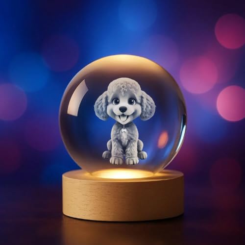Plexido 3D Kristallkugel LED – Verschiedene Motive zur Auswahl: Tiere, Kosmonaut, Emojis – Deko-Licht aus Glas mit Holzsockel – Personalisierbar – Geschenkidee (Pudel 2) von Plexido