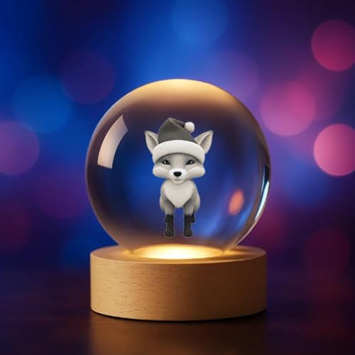 Plexido 3D Kristallkugel LED Weihnachts-Fuchs, Wolf, Schmetterling, Flugzeug, Matroschka, Tutanchamun-Maske, Löwe, Sternzeichen – Deko-Licht aus Glas mit Holzsockel – Geschenke (Weihnachtsfuchs) von Plexido