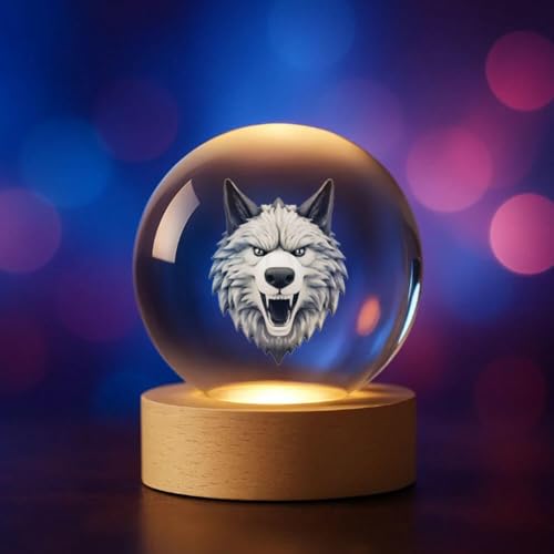 Plexido 3D Kristallkugel LED mit Tieren – Deko-Licht aus Glas mit Holzsockel – Tiermotive – Geschenkidee für Tierliebhaber (Wolf) von Plexido