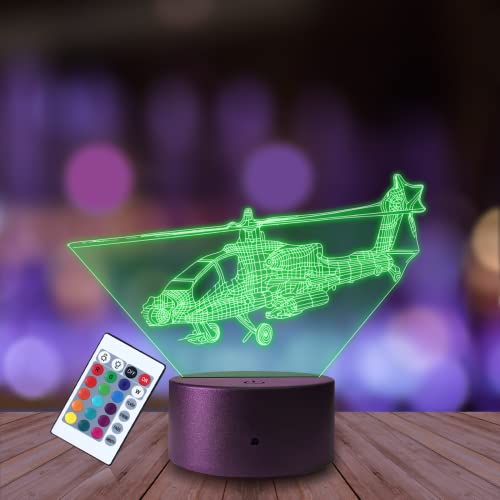 Plexido Nachtlicht Apache Hubschrauber Militär Illusion Lampe 3D Nachttischlampe Geschenk für Kinder Personalisiert Graveur Weltraum Kinderzimmer LED Licht Fernbedienung 16 Farbwechsel Wohnzimmer von Plexido