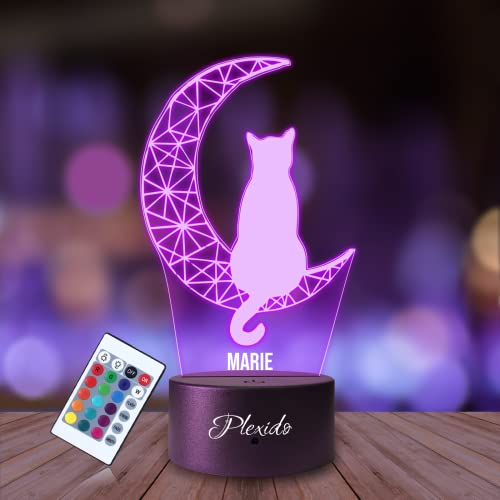 Plexido Nachtlicht Katze Kater Mond Nostalgie Illusion Lampe 3D Nachttischlampe Geschenk für Kinder Personalisiert Graveur Weltraum Kinderzimmer LED Licht Fernbedienung 16 Farbwechsel Wohnzimmer von Plexido