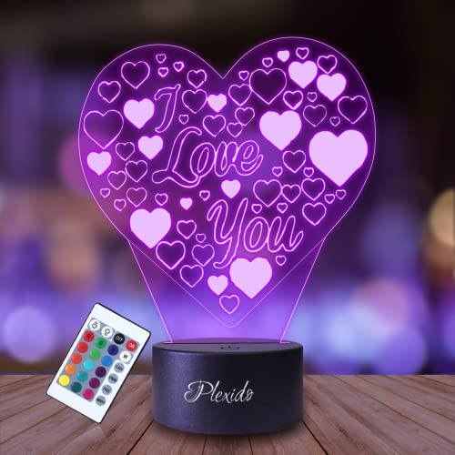 Plexido Nachtlicht Liebe Herz Valentinstag Jahrestag Illusion Lampe 3D Nachttischlampe Geschenk für Kinder Personalisiert Graveur Weltraum Kinderzimmer LED Licht Fernbedienung 16 Farbwechsel von Plexido