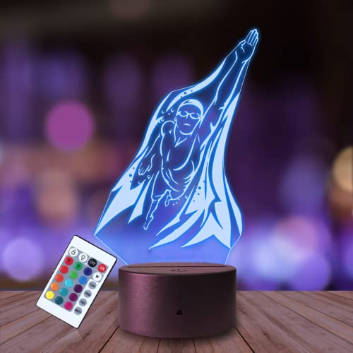 Plexido Nachtlicht Schwimmer Schwimmbad Baden Illusion Lampe 3D Nachttischlampe Geschenk für Kinder Personalisiert Graveur Weltraum Kinderzimmer LED Licht Fernbedienung 16 Farbwechsel Wohnzimmer von Plexido