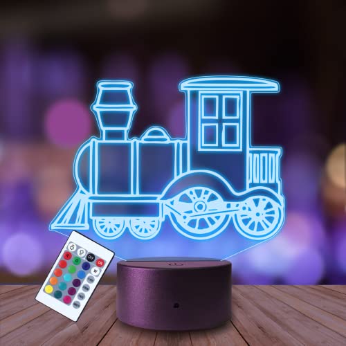 Plexido Nachtlicht Zug Lokomotive Choo Choo Drehen Illusion Lampe 3D Nachttischlampe Geschenk für Kinder Personalisiert Graveur Weltraum Kinderzimmer LED Licht Fernbedienung 16 Farbwechsel Wohnzimmer von Plexido