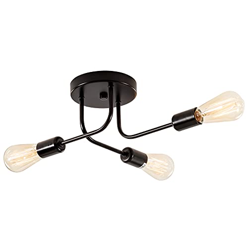 Industrial Semi Flush Mount Decke 3 Licht mit Verstellbaren Metall verzweigt Vintage Deckenleuchte E27 Halter schwarz lackiert für Küche Esszimmer Schlafzimmer （Schwarz）(Glühbirne nicht enthalten) von Plfann