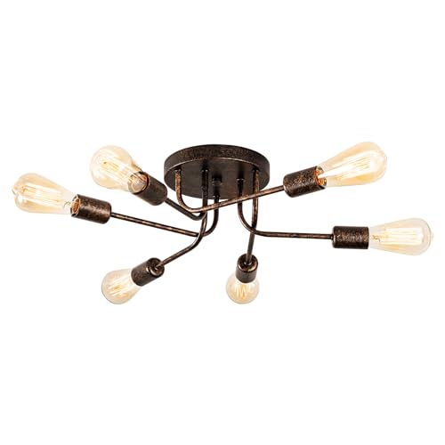 Industrial Semi Flush Mount Decke 6 Licht mit Verstellbaren Metall Verzweigt Vintage Deckenleuchte E27 Halter schwarz lackiert für Küche Esszimmer Schlafzimmer （Bronze）(Glühbirne nicht enthalten) von Plfann