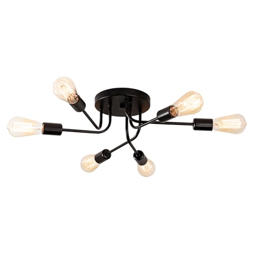 Industrial Semi Flush Mount Decke 6 Licht mit Verstellbaren Metall Verzweigt Vintage Deckenleuchte E27 Halter schwarz lackiert für Küche Esszimmer Schlafzimmer （Schwarz）(Glühbirne nicht enthalten) von Plfann