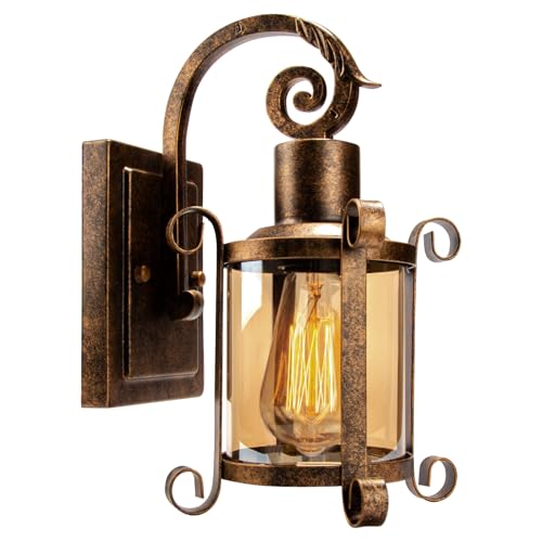 Plfann Rustikale Innen Bernstein Glas Wandleuchte 1-Pack, Bronze gebürstet, Vintage-Lampe Veranda Beleuchtung wasserdicht Retro-Lampe für Innen Schlafzimmer Wohnzimmer Outdoor（NO Bulb） von Plfann