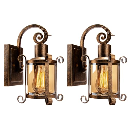 Plfann Rustikale Innen Bernstein Glas Wandleuchte 2er-Pack, Bronze gebürstet, industrielle Lampe Veranda Beleuchtung wasserdicht Retro-Lampe für Innen Schlafzimmer Wohnzimmer Outdoor（NO Bulb） von Plfann