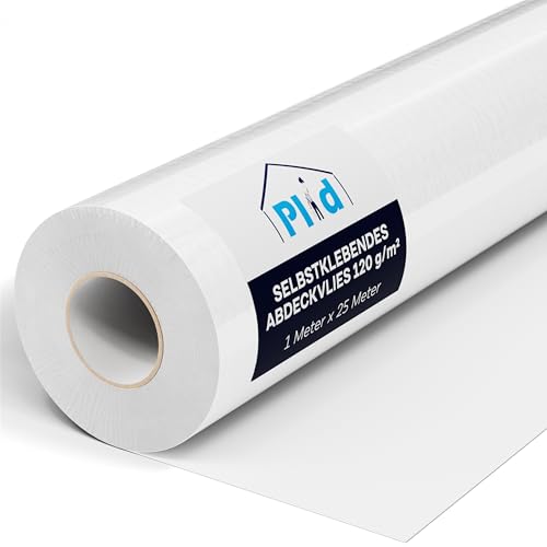 PLID® Maler Abdeckvlies 1 x 25m- Vliesseite selbstklebend - Oberflächenschutz für Maler und Heimwerker - Malerfilz Fliesrolle - Umzugsdecken Rolle - Filzrolle 120 gramm für Bodenabdecken (Weiß) von Plid