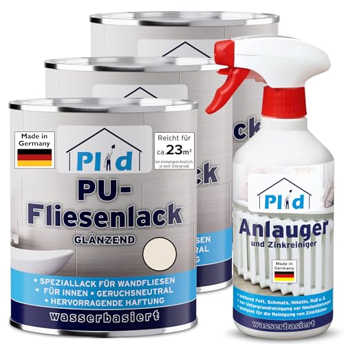Plid® Fliesenfarbe Badezimmer & Küche [FEUCHTIGKEITSBESTÄNDIG] Fliesenlack Cremeweiß 2,25l fürs Bad - Fliesen neu streichen & lackieren im Innenbereich - 3in1 Fliesen Farbe Lack - Made in Germany Set von Plid
