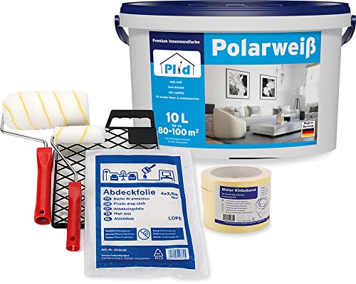 Plid® Polarweiss Innenfarbe Weiß - geruchsarme Wandfarbe & Deckenfarbe mit hohe Deckkraft - sehr ergiebig - geruchsarm - für sensible Wohn- und Arbeitsbereiche - Made in Germany (10l - Streichset) von Plid