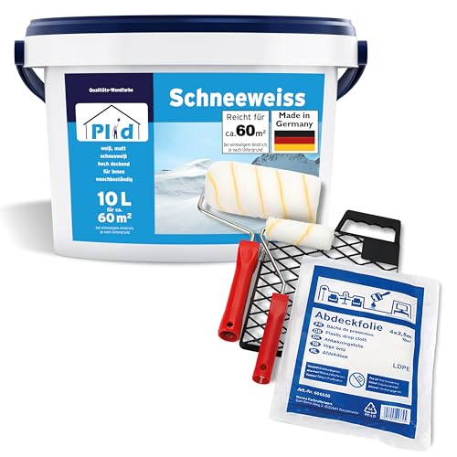 Plid® Schneeweiß Wandfarbe Weiß 10L inkl. Streichset 6-tlg. [HOHE DECKKRAFT] - Weiße Wandfarbe Polarweiß geruchsarm - Farbe Wand - Innenfarbe Wall Paint White - ausbessern weiß - Diffusionsfähig von Plid