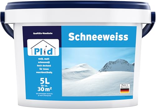 Plid® Schneeweiß Wandfarbe Weiß 5L [HOHE DECKKRAFT] - Weiße Wandfarbe Polarweiß geruchsarm - Farbe Wand - Weisse Innenfarbe Wall Paint White - Wandfarbe ausbessern weiß - Diffusionsfähig von Plid