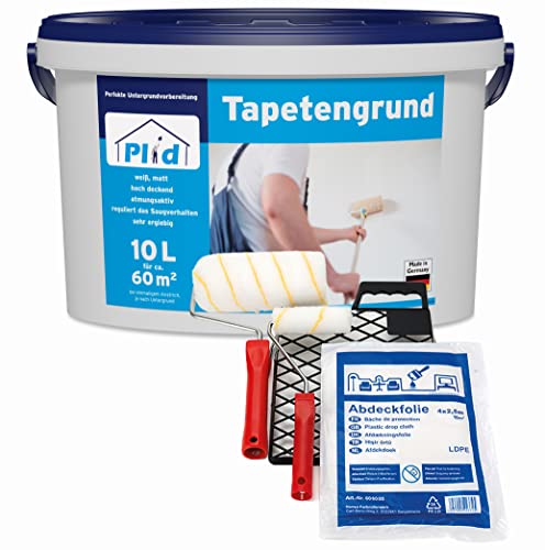Plid® Tapetengrund Weiß matt Grundierung Haftgrund Tapeziergrund - Voranstrich zum Ausgleichen von Farbtonunterschieden des Untergrundes vor dem Tapezieren - Made in Germany 10l - Anstreichset von Plid