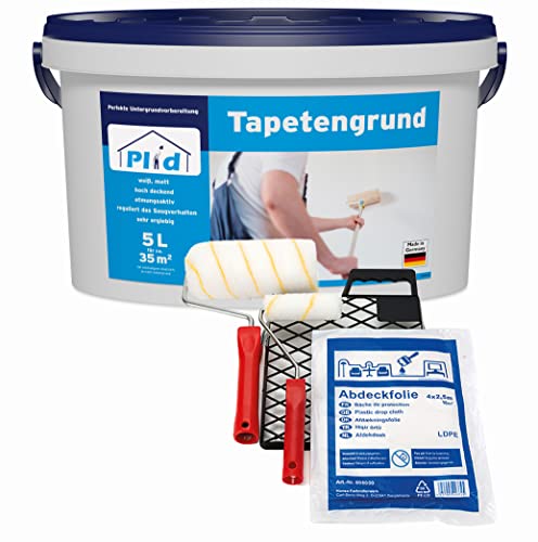 Plid® Tapetengrund Weiß matt Grundierung Haftgrund Tapeziergrund - Voranstrich zum Ausgleichen von Farbtonunterschieden des Untergrundes vor dem Tapezieren - Made in Germany 5l - Anstreichset von Plid