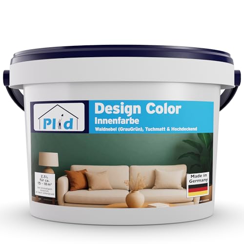 Plid® Design Innenfarbe Grün 2.5L [HOHE DECKKRAFT] Design-Colour Waldnebel - Bunte Farbe Wand - Matte Wandfarbe - Für ca. 15-18 m² in Profi Qualität - Atmungsaktiv & Tropfgehemmt von Plid