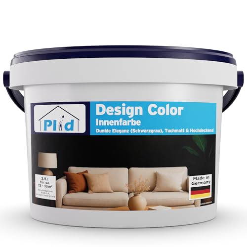 Plid® Design Innenfarbe Schwarzgrau 2.5L [HOHE DECKKRAFT] Design-Colour Dunkle Eleganz - Bunte Farbe Wand - Matte Wandfarbe - Für ca. 15-18 m² in Profi Qualität - Atmungsaktiv & Tropfgehemmt von Plid
