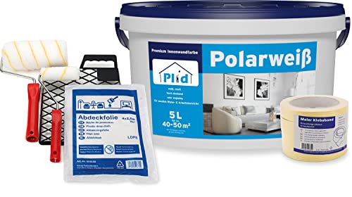 plid® Polarweiss Innenfarbe Weiß matt - geruchsarme Wandfarbe & Deckenfarbe mit hohe Deckkraft - sehr ergiebig - geruchsarm - für sensible Wohn- und Arbeitsbereiche - Made in Germany (5l - Streichset) von Plid