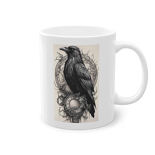 Gothic Rabe Tasse Weiß, Wikinger Kaffeetasse 330ml, Beidseitig Bedruckt, Wikinger Deko Kaffeebecher, Viking Küche Zubehör, Teetasse, Bürotasse von PlimPlom