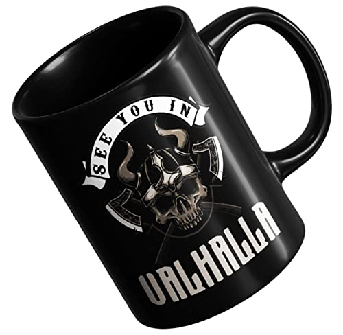 Wikinger Deko - See You In Valhalla Kaffeetasse Schwarz Beidseitig Bedruckt - Wikinger Tasse Mit Spruch - Viking Teetasse von PlimPlom