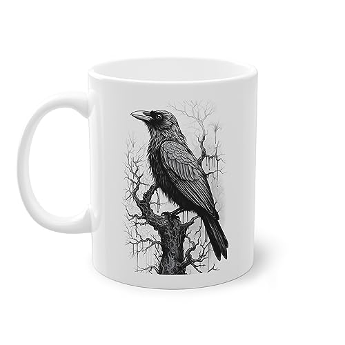 Wikinger Rabe Tasse Weiß, Gothic Kaffeetasse 330ml, Beidseitig Bedruckt, Wikinger Deko Kaffeebecher, Viking Küche Zubehör, Teetasse, Bürotasse von PlimPlom