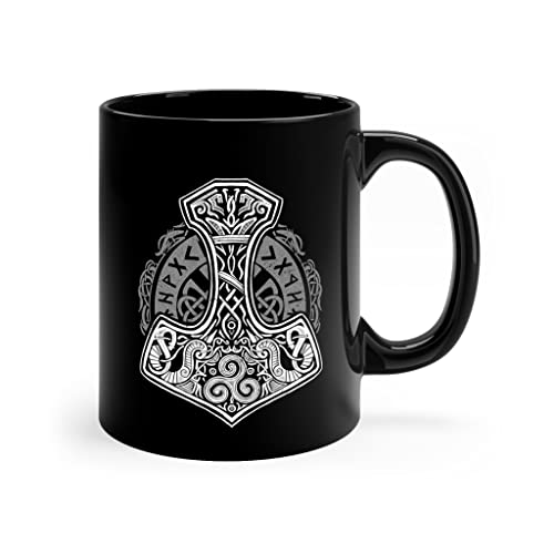 Wikinger Tasse In Schwarz Beidseitig Bedruckt - Thors Hammer Mjolnir Kaffeetasse Mit Nordischen Runen - Viking Dekoration von PlimPlom