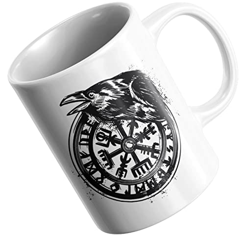 Wikinger Tasse - Wikinger Deko - Vegvisir Rabe Kaffeetasse Weiß Beidseitig Bedruckt - Viking Tasse von PlimPlom