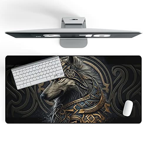 Wikinger Wolf Gaming Mauspad XXL Viking Deko Schreibtischunterlage PC Unterlage Rutschfest Mousepad Groß Büro Deko Mouse Pad Schreibtischmatte von PlimPlom