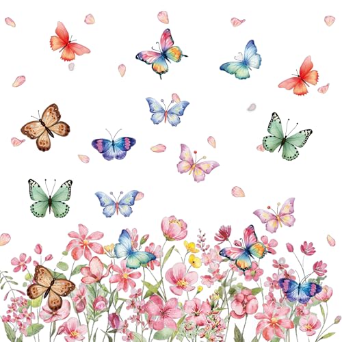 6 Bögen Fensterbilder Frühling Deko,Fensterbilder Blumen Schmetterling mit Blüten Motiv,Fensteraufkleber Selbstklebend Anti-Kollision Doppelseitig Glasaufkleber,Fensterdeko für Frühling,Sommer von Plipdhy