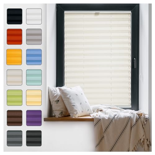 Fenster Plissee ohne Bohren zum Kleben Innenrahmen - Thermo Plisseerollo Innen - Rollo Jalousie, Halterungen auf Rahmen, Faltrollo, Sichtschutz, Blickdicht, für Fenster & Tür - Creme, 100 x 130 cm von Plisart