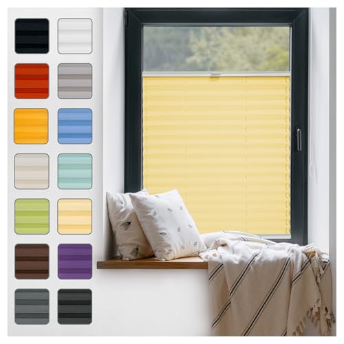 Fenster Plissee ohne Bohren zum Kleben Innenrahmen - Thermo Plisseerollo Innen - Rollo Jalousie, Halterungen auf Rahmen, Faltrollo, Sichtschutz, Blickdicht, für Fenster & Tür - Gelb, 60 x 90 cm von Plisart