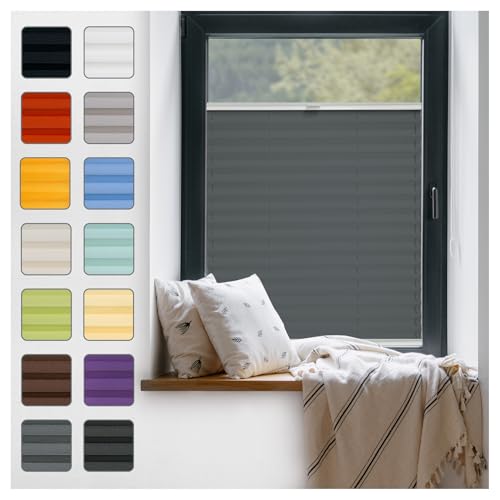 Fenster Plissee ohne Bohren zum Kleben Innenrahmen - Thermo Plisseerollo Innen - Rollo Jalousie, Halterungen auf Rahmen, Faltrollo, Sichtschutz, Blickdicht, für Fenster & Tür - Grafit, 100 x 110 cm von Plisart