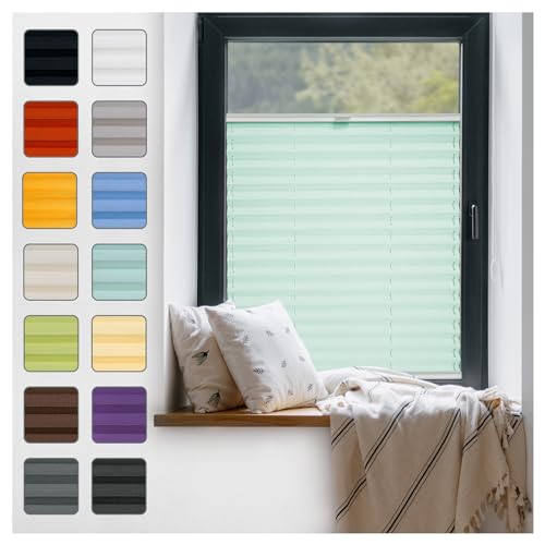 Fenster Plissee ohne Bohren zum Kleben Innenrahmen - Thermo Plisseerollo Innen - Rollo Jalousie, Halterungen auf Rahmen, Faltrollo, Sichtschutz, Blickdicht, für Fenster & Tür - Mint, 110 x 110 cm von Plisart