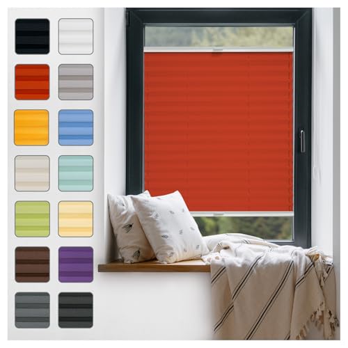 Fenster Plissee ohne Bohren zum Kleben Innenrahmen - Thermo Plisseerollo Innen - Rollo Jalousie, Halterungen auf Rahmen, Faltrollo, Sichtschutz, Blickdicht, für Fenster & Tür - Rot, 105 x 220 cm von Plisart