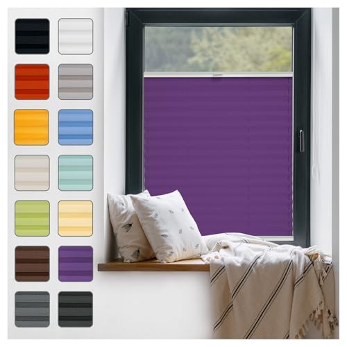 Fenster Plissee ohne Bohren zum Kleben Innenrahmen - Thermo Plisseerollo Innen - Rollo Jalousie, Halterungen auf Rahmen, Faltrollo, Sichtschutz, Blickdicht, für Fenster & Tür - Violett, 40 x 130 cm von Plisart