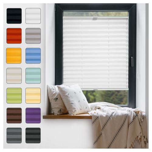 Fenster Plissee ohne Bohren zum Kleben Innenrahmen - Thermo Plisseerollo Innen - Rollo Jalousie, Halterungen auf Rahmen, Faltrollo, Sichtschutz, Blickdicht, für Fenster & Tür - Weiß, 35 x 70 cm von Plisart