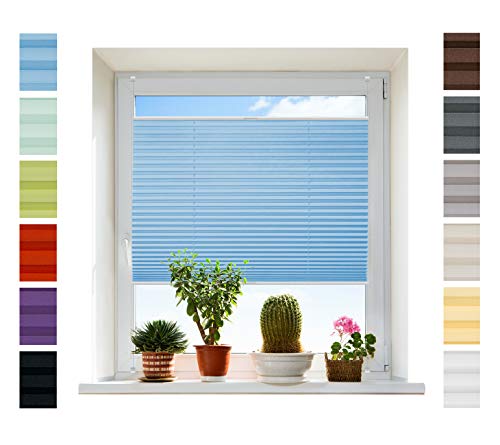 Plissee Rollo NACH MAß Klemmfix ohne Bohren - TOP QUALITÄT Pearl Stoffkollektion | Easyfix Metall Klemmträger | Faltrollo Sichtschutz, Sonnenschutz für Fenster [Lichtblau, B: 91-100cm, H: 111-130cm] von Plisart
