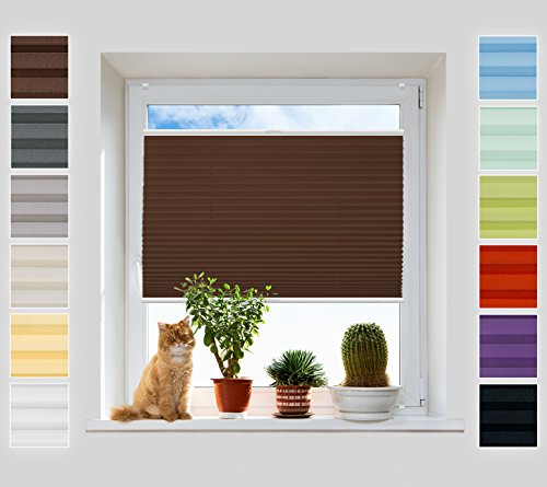 Plissee Rollo ohne Bohren - Jalousie mit easyfix Metall Klemmträger | SUPER Pearl Stoffkollektion | Leicht zu montieren | Faltrollo Sichtschutz, Sonnenschutz, Fenster - [Braun, B: 90cm, H: 220cm] von Plisart