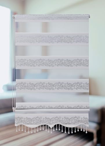 PlisseeOnline Doppelrollo Klemmfix ohne Bohren Weiß Silber mit Muster und Perlen Duo Rollo für Fenster und Türen Plissee Rollo Gardine 80 x 150 cm Blickdicht Klemmrollo mit Perlen Seitenzugrollo PlisseeOnline Doppelrollo Klemmfix ohne Bohren Weiß Silber mit Muster und Perlen Duo Rollo für Fenster und Türen Plissee Rollo Gardine 80 x 150 cm Blickdicht Klemmrollo mit Perlen Seitenzugrollo von PlisseeOnline